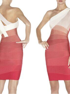 Hervé Léger One-Shoulder Ombré Bandage Dress XS Pink